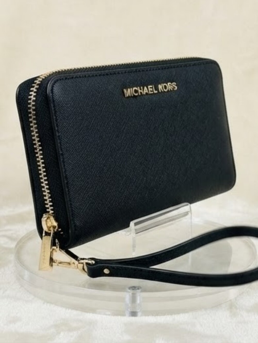 Michael Kors Black Saffiano Wristlet /wallet Card Holder with Gold Logo